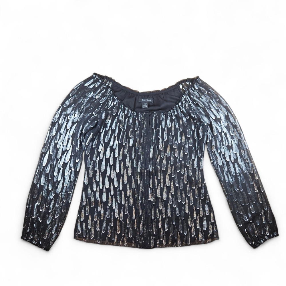 White House Black Market Silk Metallic Top XS Black Silver Lined Off Shoulder - Picture 5 of 7